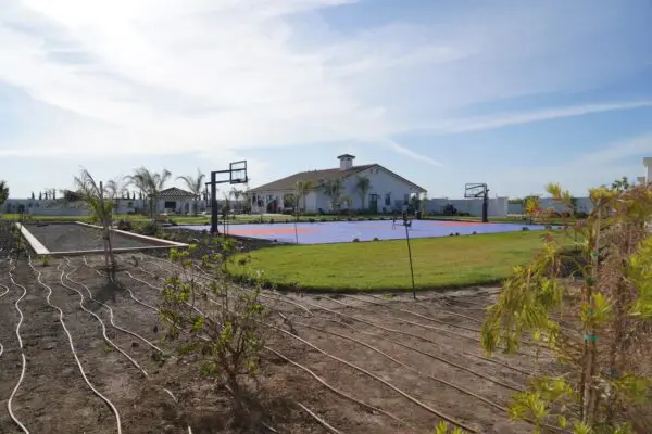 A Field Outside a Farm With a Basketball Court